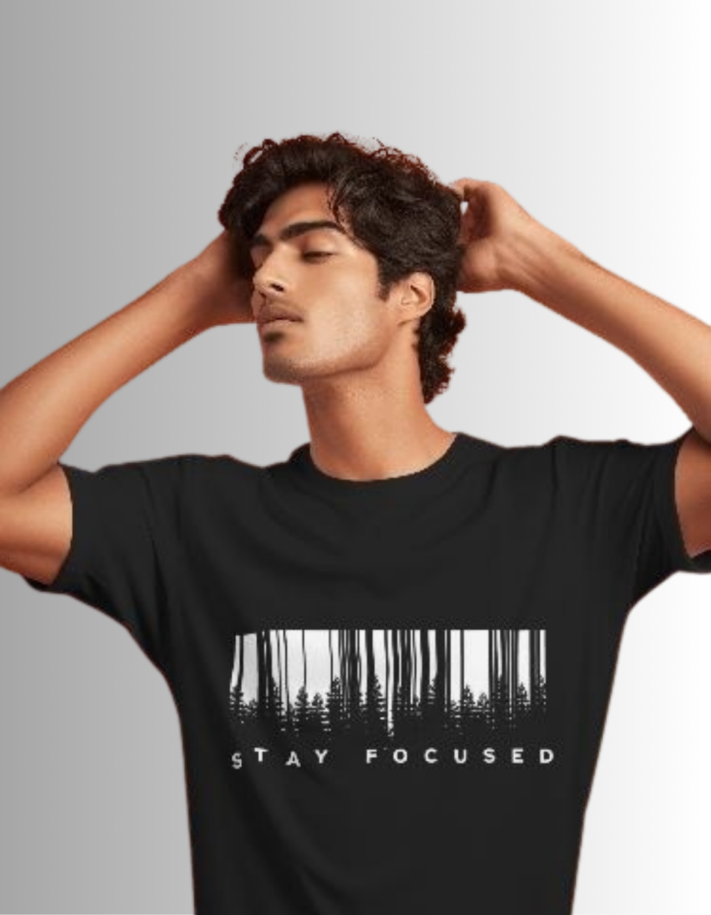 Black regular fit crew neck t-shirt featuring a barcode-like image on the chest with trees incorporated into the design and 'Stay Focused' text underneath.



