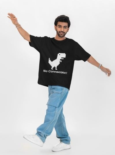 black regular fit crew neck t-shirt with white cartoon dinosaur in the center and 'no connection' text written in white below it.

