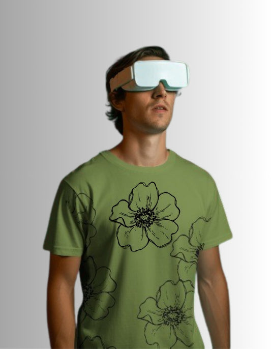 Olive green crew neck regular fit t-shirt with large black floral pattern.