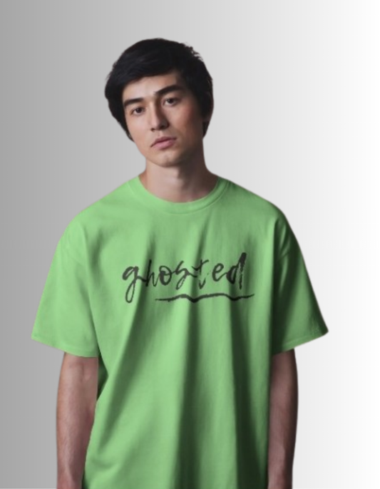 Mint green cotton crew neck t-shirt with 'GHOSTED' printed in black on the chest.