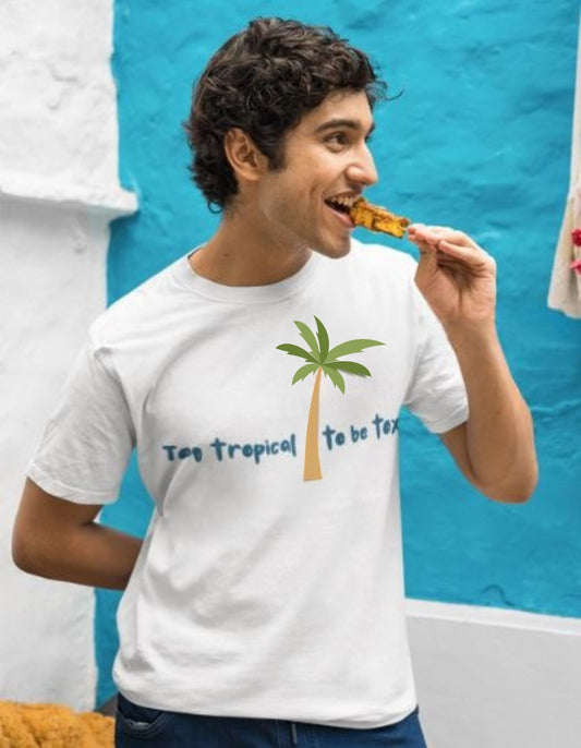 white regular fit crew neck t-shirt with 'too tropical' written in blue below the chest, followed by a coconut tree image and 'to be toxic' text in blue.